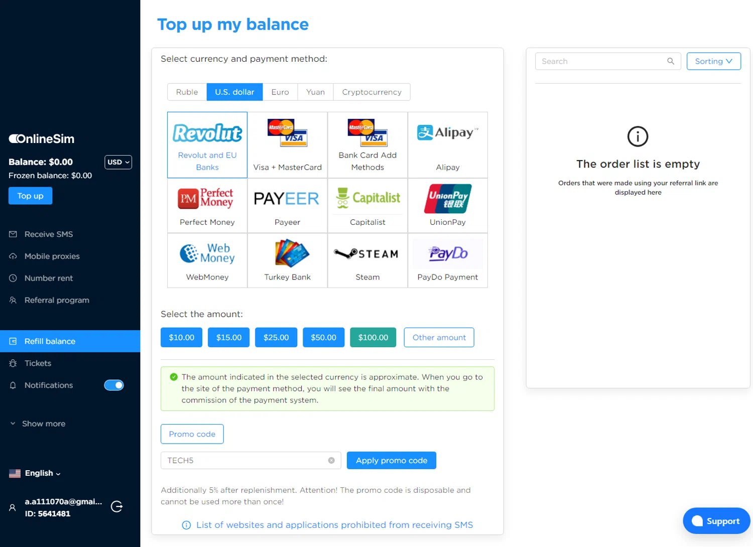 OnlineSIM checkout page showing OnlineSIM promo code box | Screenshot taken by SimplyCodes community member on Jan 3, 2024