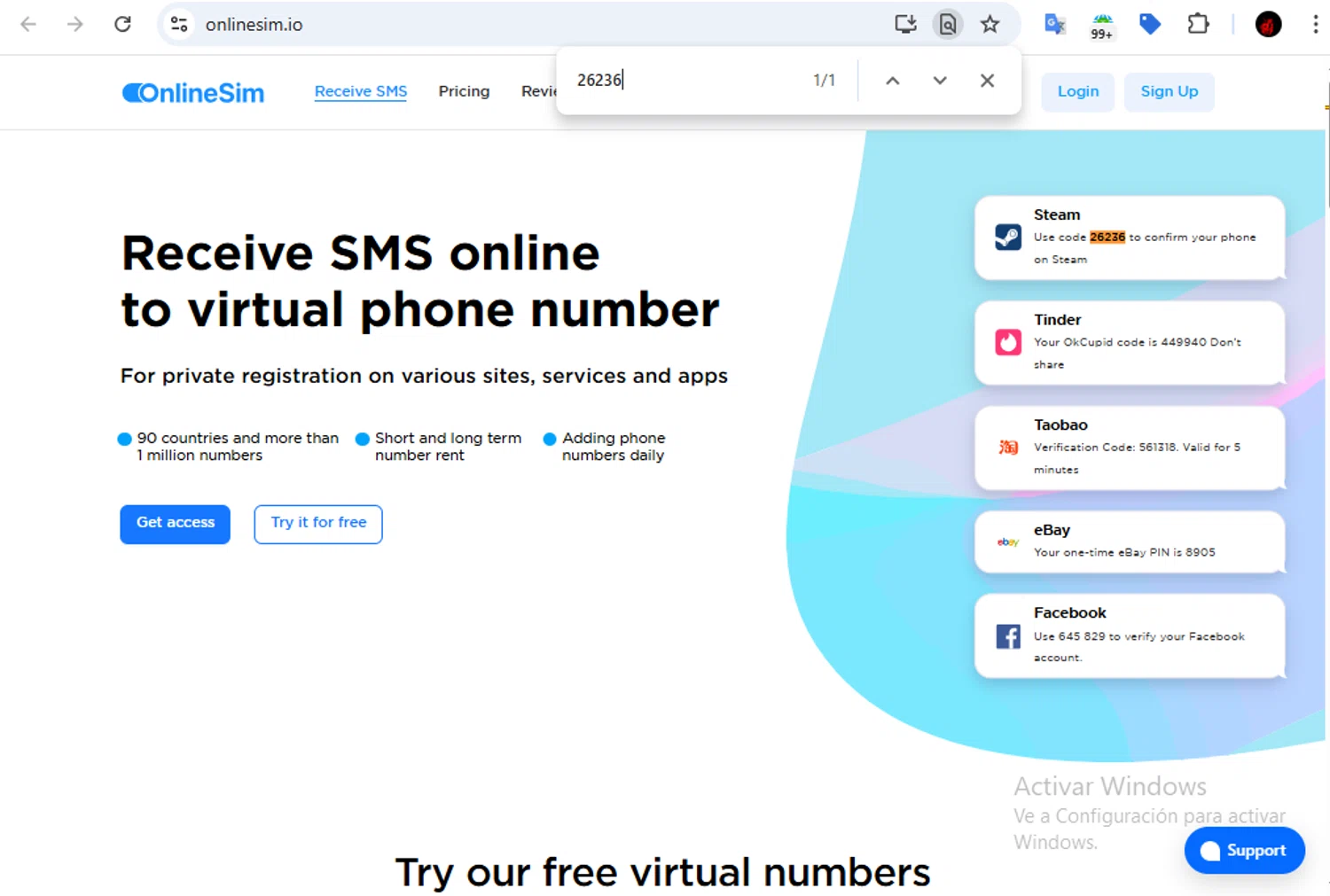 OnlineSIM promo code screenshot showing code 26236 applied at OnlineSIM checkout page. Uploaded by SimplyCodes community member VoucherFalcon3942 on Apr 7, 2025