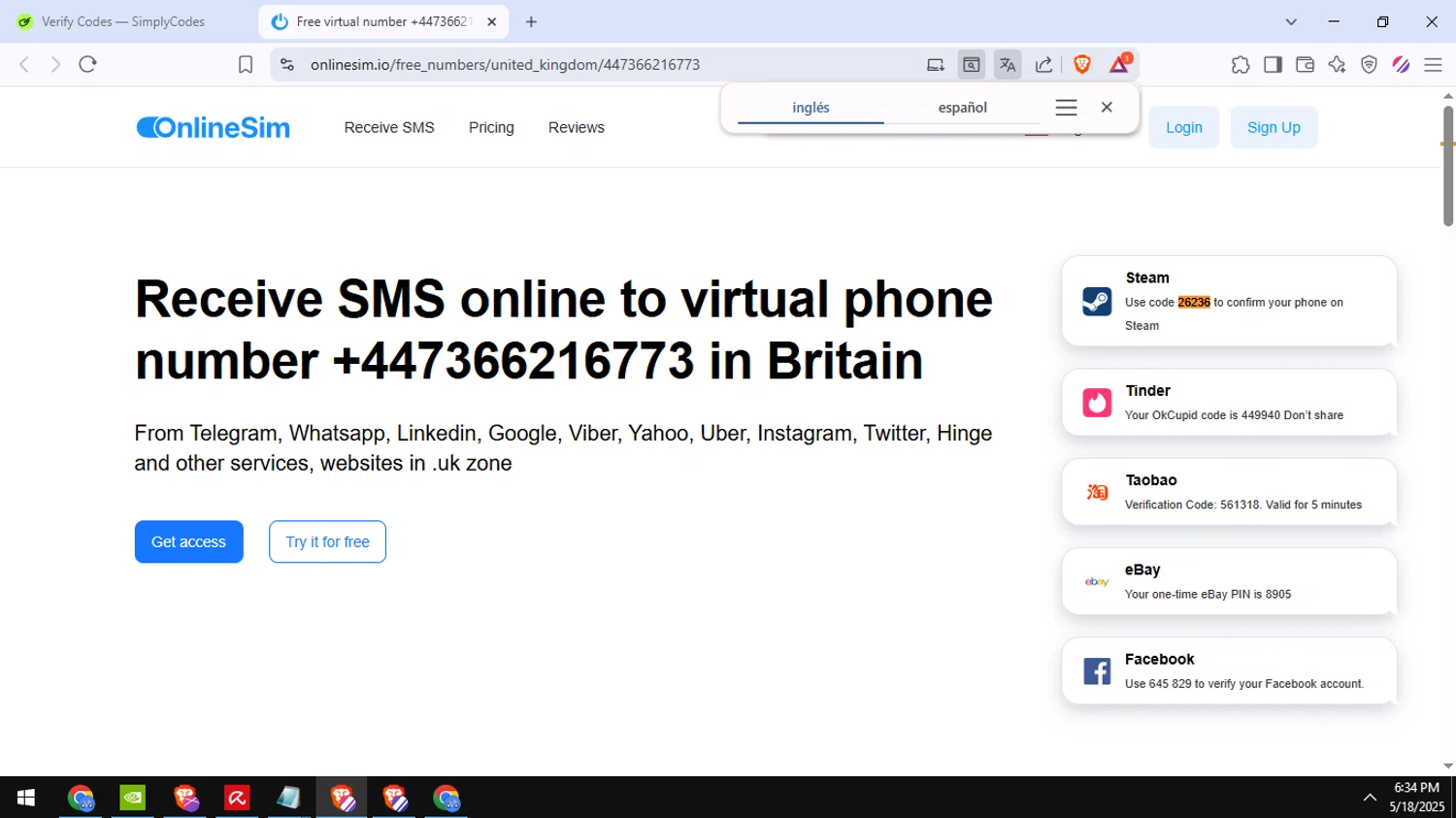 OnlineSIM promo code screenshot showing code 26236 applied at OnlineSIM checkout page. Uploaded by SimplyCodes community member jamesscott on May 18, 2025