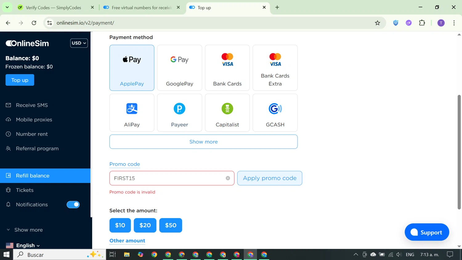 OnlineSIM promo code screenshot showing code FIRST15 applied at OnlineSIM checkout page. Uploaded by SimplyCodes community member FortunateCurator5882 on Nov 8, 2025