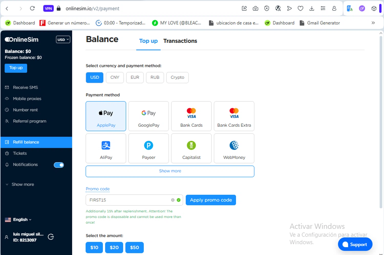OnlineSIM checkout page showing OnlineSIM promo code box | Screenshot taken by SimplyCodes community member on Aug 13, 2025