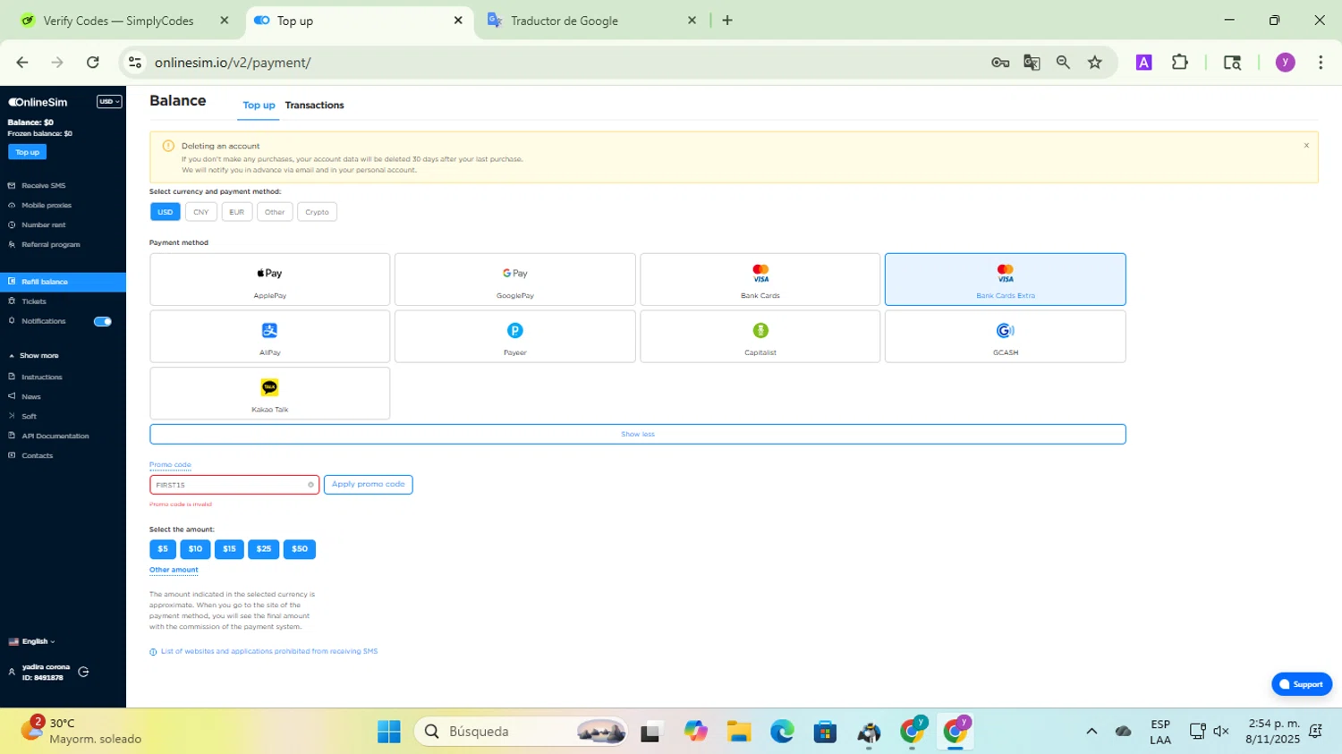 OnlineSIM promo code screenshot showing code FIRST15 applied at OnlineSIM checkout page. Uploaded by SimplyCodes community member yadicg054 on Nov 8, 2025