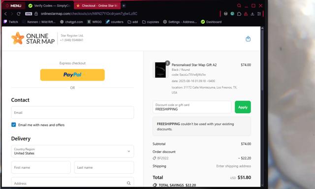 Online Star Map checkout page showing Online Star Map discount code box | Screenshot taken by SimplyCodes community member on Aug 23, 2025