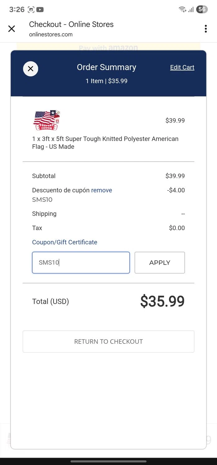 Online Stores coupon code screenshot showing code SMS10 applied at Online Stores checkout page. Uploaded by SimplyCodes community member CleverPhoenix2364 on Jun 7, 2025