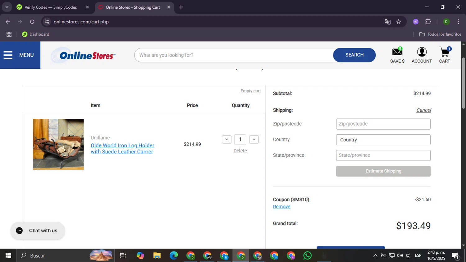 Online Stores checkout page showing Online Stores coupon code box | Screenshot taken by SimplyCodes community member on May 10, 2025