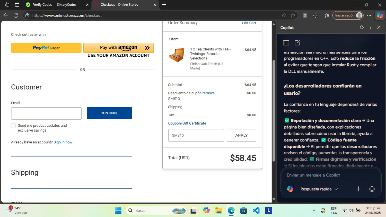 Online Stores coupon code screenshot showing code SMS10 applied at Online Stores checkout page. Uploaded by SimplyCodes community member RoyalGenius9299 on May 24, 2025