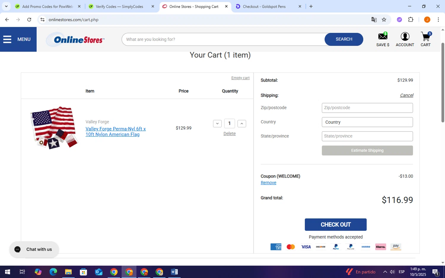 Online Stores coupon code screenshot showing code WELCOME applied at Online Stores checkout page. Uploaded by SimplyCodes community member TheCreature on May 10, 2025