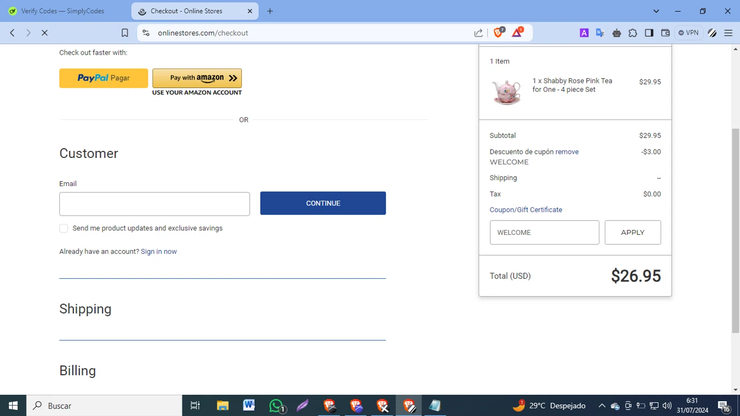 Online Stores checkout page showing Online Stores coupon code box | Screenshot taken by SimplyCodes community member on Jul 31, 2024