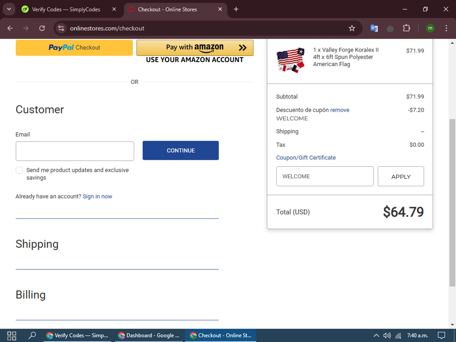 Online Stores checkout page showing Online Stores coupon code box | Screenshot taken by SimplyCodes community member on Feb 16, 2025
