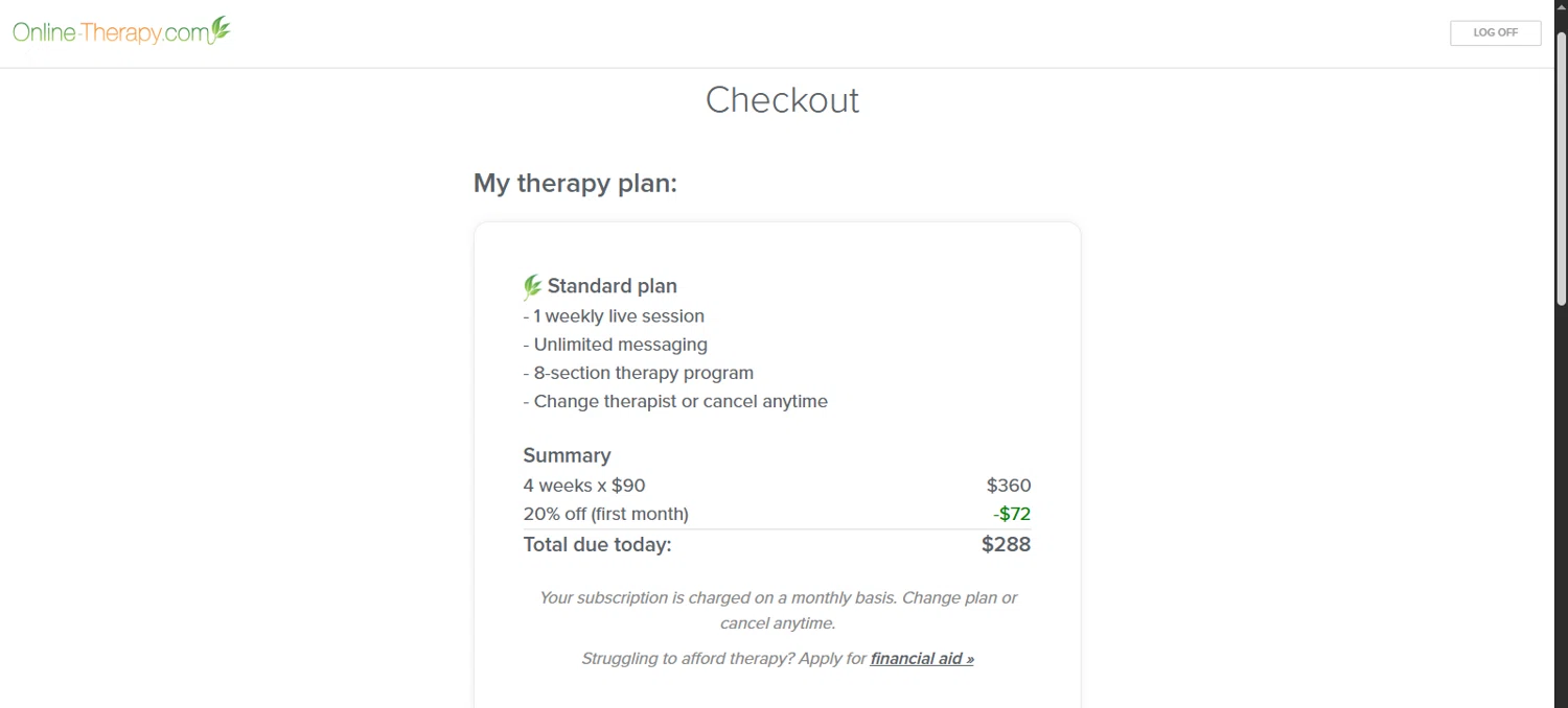 Online Therapy promo code screenshot showing code THERAPY20 applied at Online Therapy checkout page. Uploaded by SimplyCodes community member rapiddeals on Jun 15, 2025