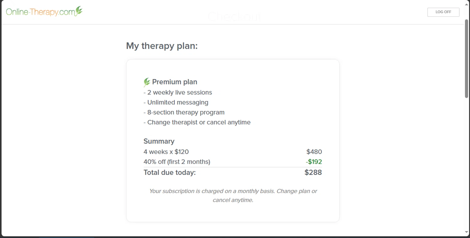 Online Therapy promo code screenshot showing code 40%off applied at Online Therapy checkout page. Uploaded by SimplyCodes community member _Capi_ on Mar 31, 2025