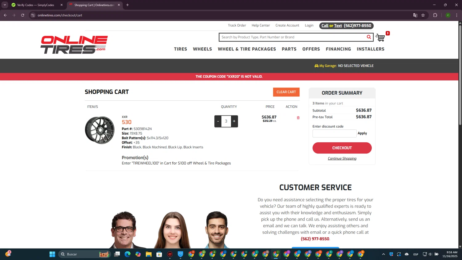 Onlinetires.com discount code screenshot showing code XXR20 applied at Onlinetires.com checkout page. Uploaded by SimplyCodes community member GoldScout9735 on Nov 16, 2025