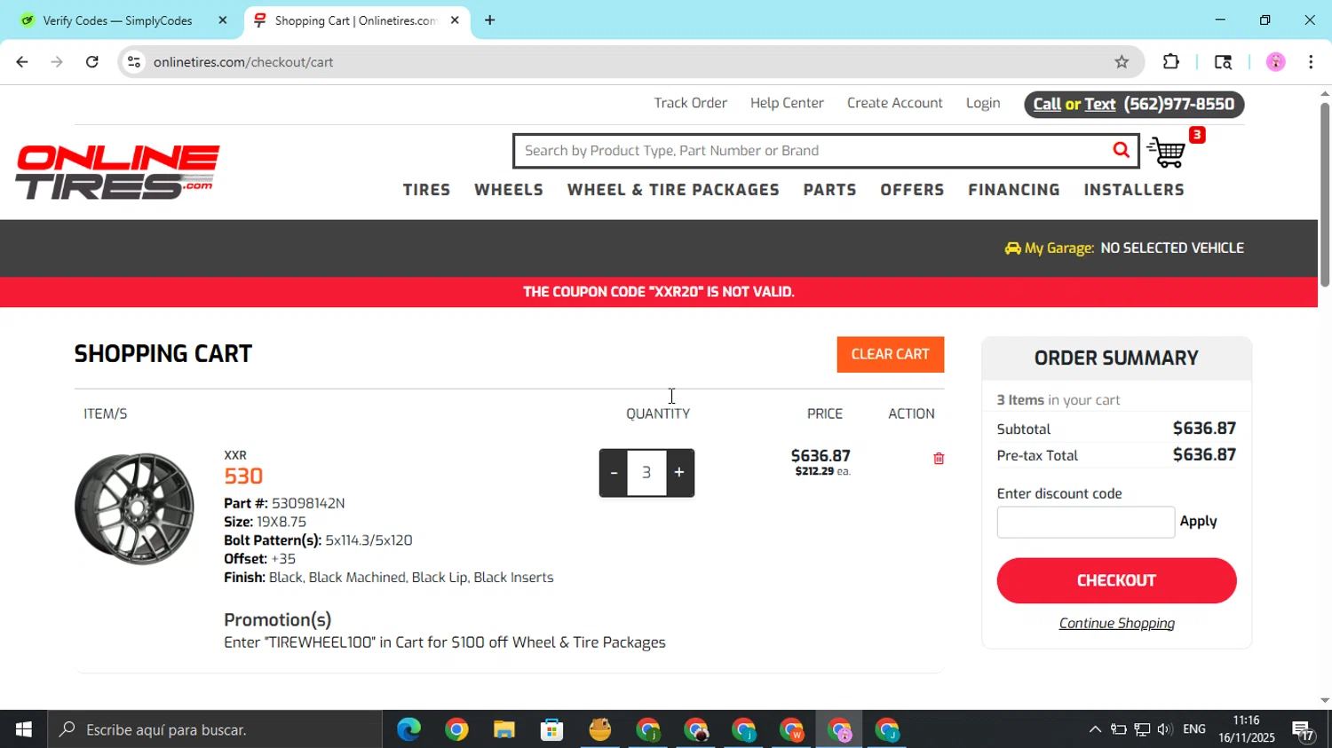 Onlinetires.com discount code screenshot showing code XXR20 applied at Onlinetires.com checkout page. Uploaded by SimplyCodes community member cristianojesus on Nov 16, 2025
