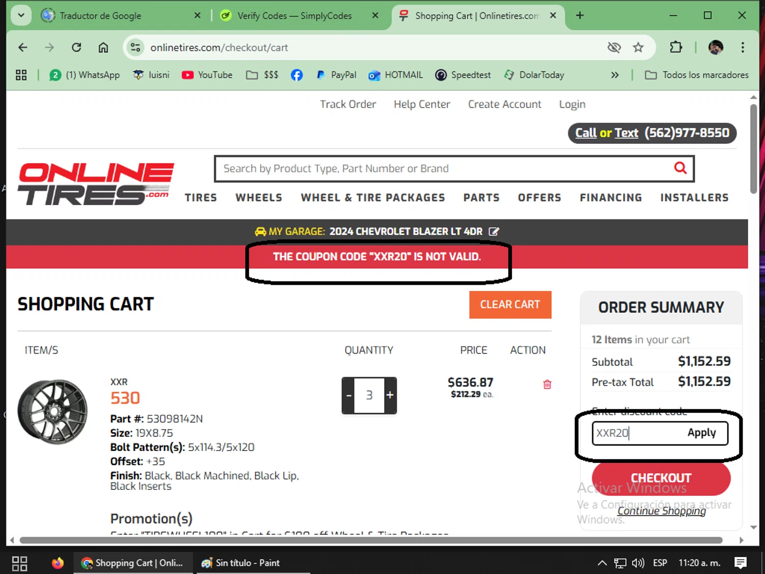 Onlinetires.com discount code screenshot showing code XXR20 applied at Onlinetires.com checkout page. Uploaded by SimplyCodes community member luisrodriguez on Nov 16, 2025