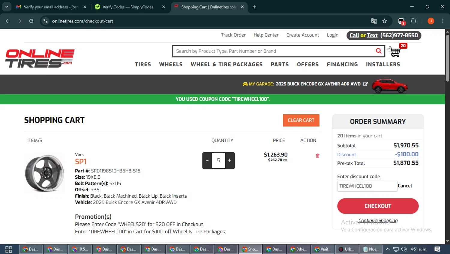 Onlinetires.com discount code screenshot showing code TIREWHEEL100 applied at Onlinetires.com checkout page. Uploaded by SimplyCodes community member NobleAce2304 on Nov 23, 2025