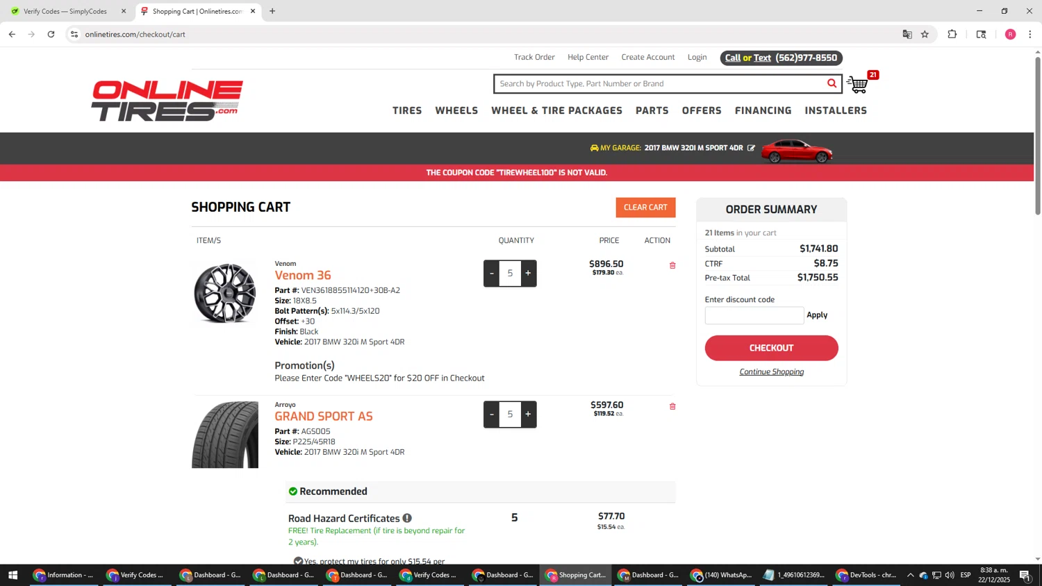 Onlinetires.com discount code screenshot showing code TIREWHEEL100 applied at Onlinetires.com checkout page. Uploaded by SimplyCodes community member TTTT55 on Dec 22, 2025