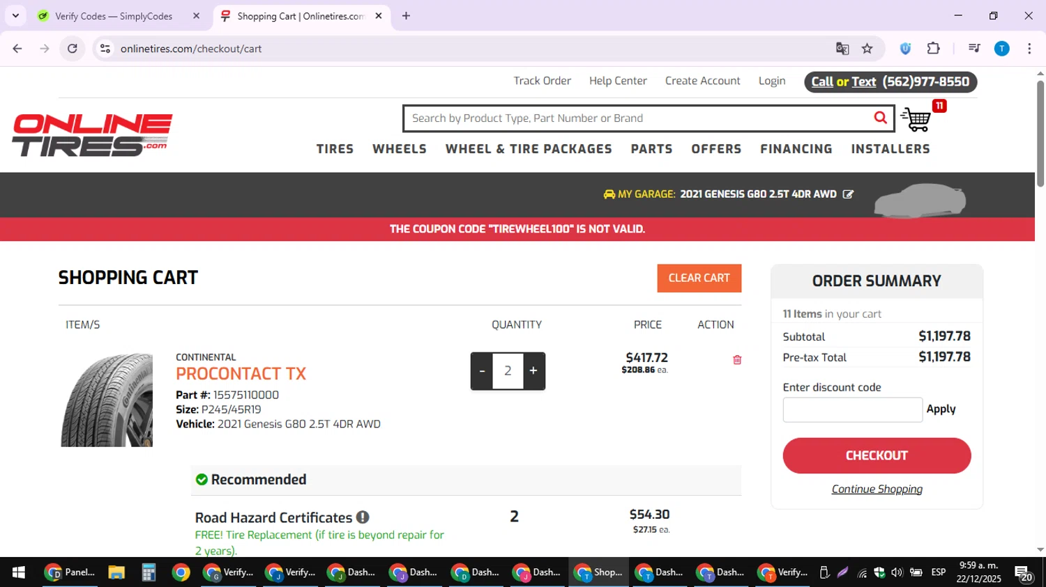 Onlinetires.com discount code screenshot showing code TIREWHEEL100 applied at Onlinetires.com checkout page. Uploaded by SimplyCodes community member hankt1521 on Dec 22, 2025