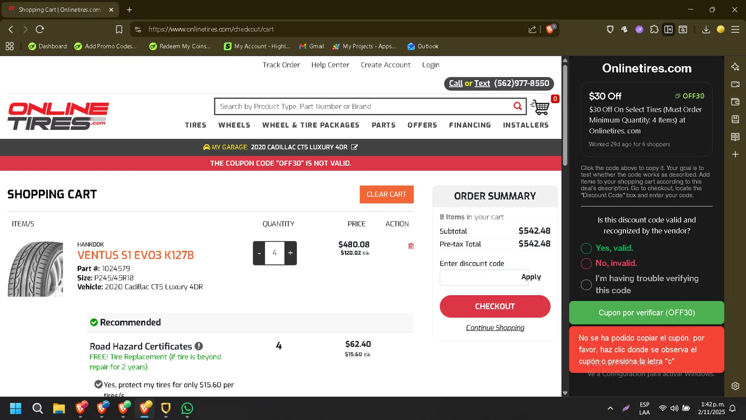 Onlinetires.com discount code screenshot showing code OFF30 applied at Onlinetires.com checkout page. Uploaded by SimplyCodes community member CleverMonarch8868 on Nov 2, 2025
