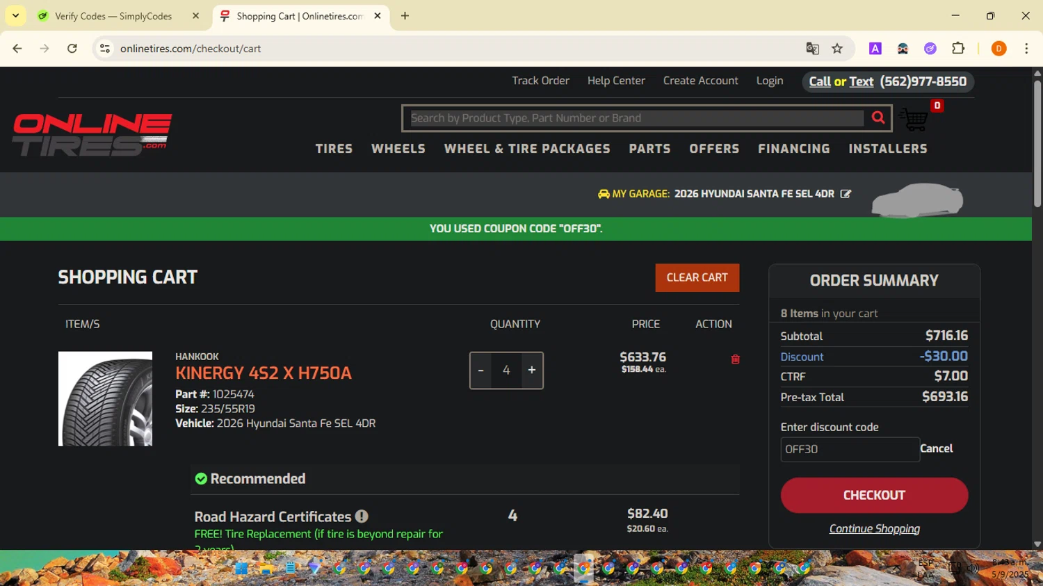 Onlinetires.com checkout page showing Onlinetires.com discount code box | Screenshot taken by SimplyCodes community member on Sep 5, 2025