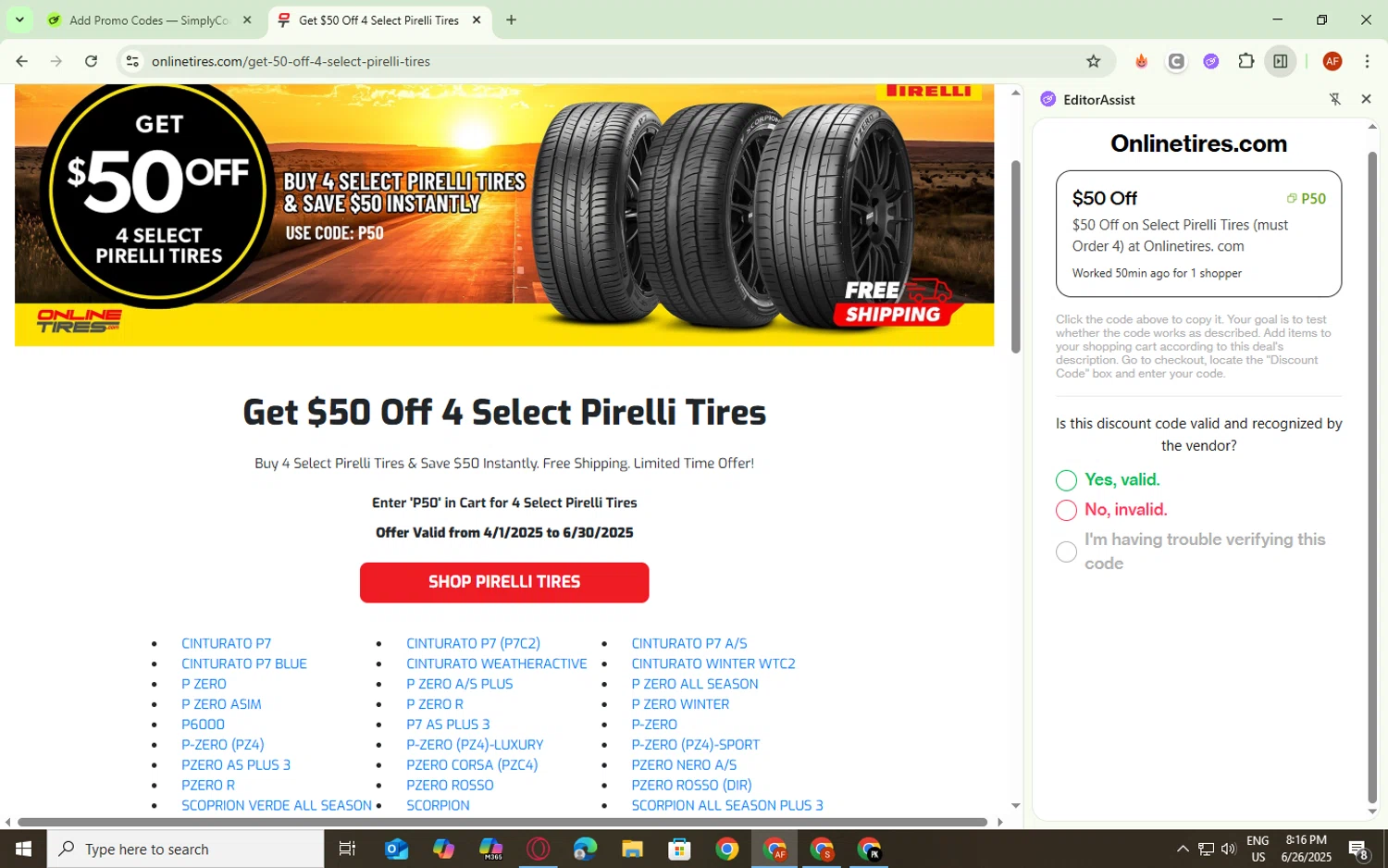 Onlinetires.com discount code screenshot showing code P50 applied at Onlinetires.com checkout page. Uploaded by SimplyCodes community member CodeHero301 on Jun 27, 2025