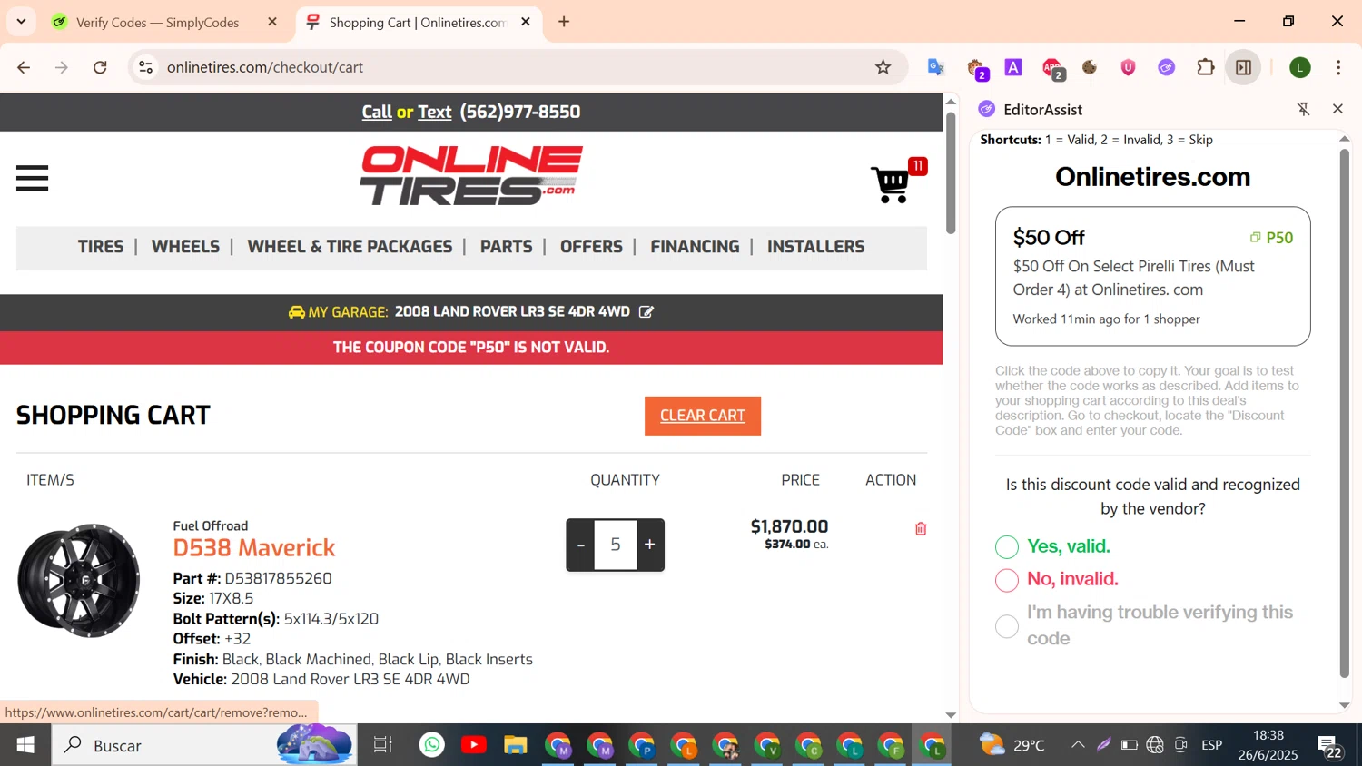 Onlinetires.com discount code screenshot showing code P50 applied at Onlinetires.com checkout page. Uploaded by SimplyCodes community member SavvySeeker4827 on Jun 26, 2025