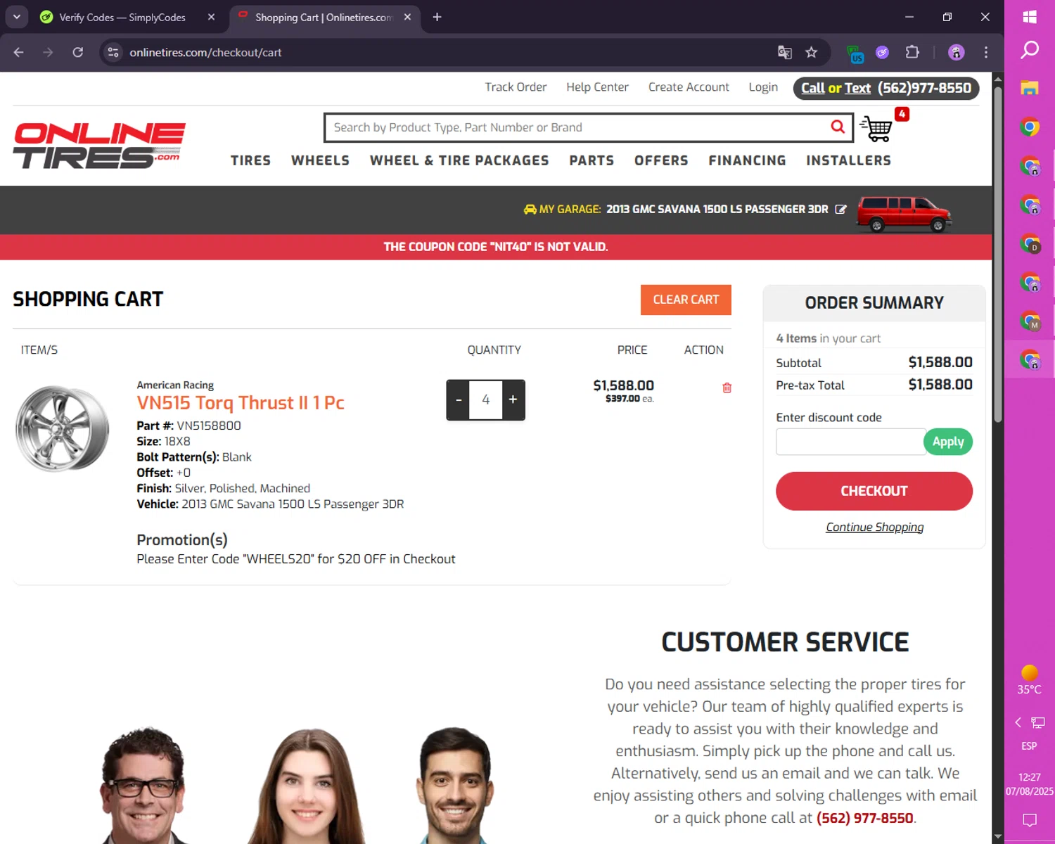 Onlinetires.com discount code screenshot showing code NIT40 applied at Onlinetires.com checkout page. Uploaded by SimplyCodes community member SmartLion1183 on Aug 7, 2025