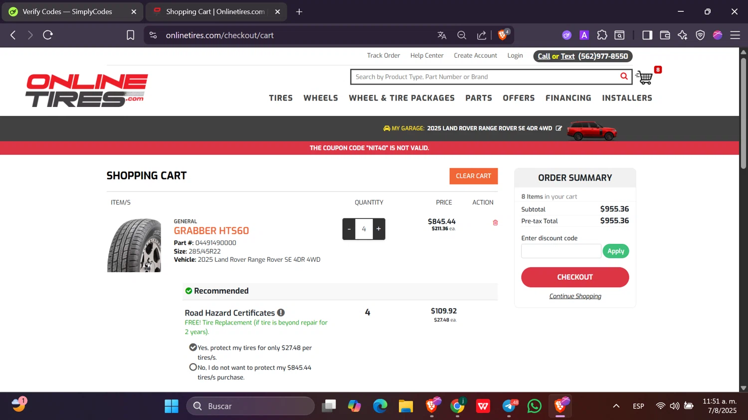 Onlinetires.com discount code screenshot showing code NIT40 applied at Onlinetires.com checkout page. Uploaded by SimplyCodes community member Toji_fushiguro on Aug 7, 2025