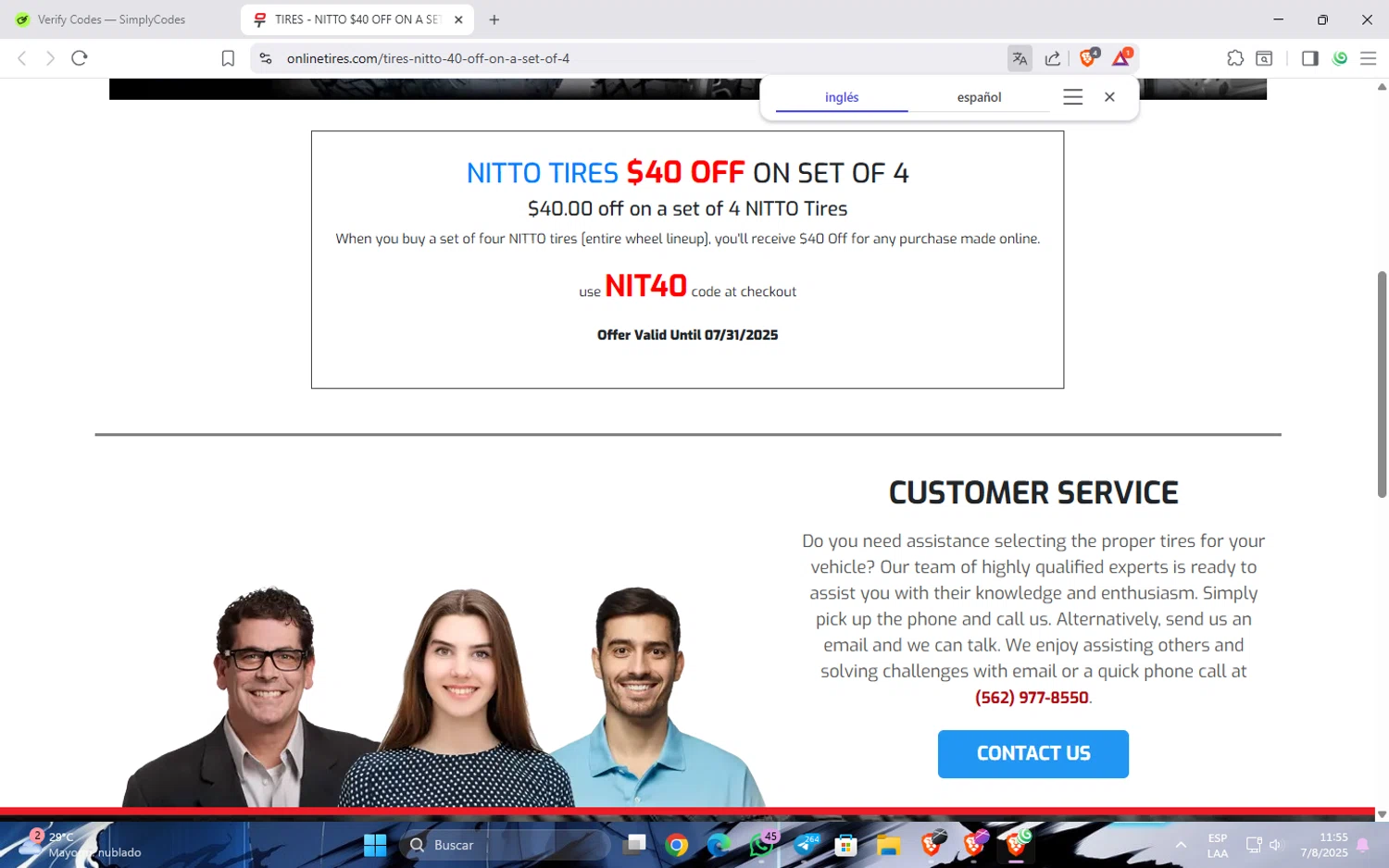 Onlinetires.com discount code screenshot showing code NIT40 applied at Onlinetires.com checkout page. Uploaded by SimplyCodes community member Widopalacios on Aug 7, 2025