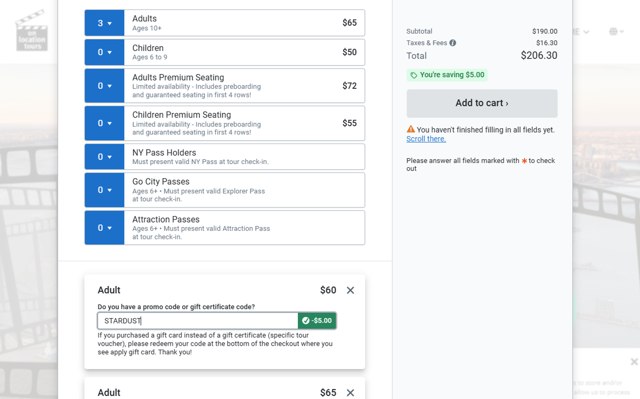 On Location Tours checkout page showing On Location Tours promo code box | Screenshot taken by SimplyCodes community member on Aug 5, 2025