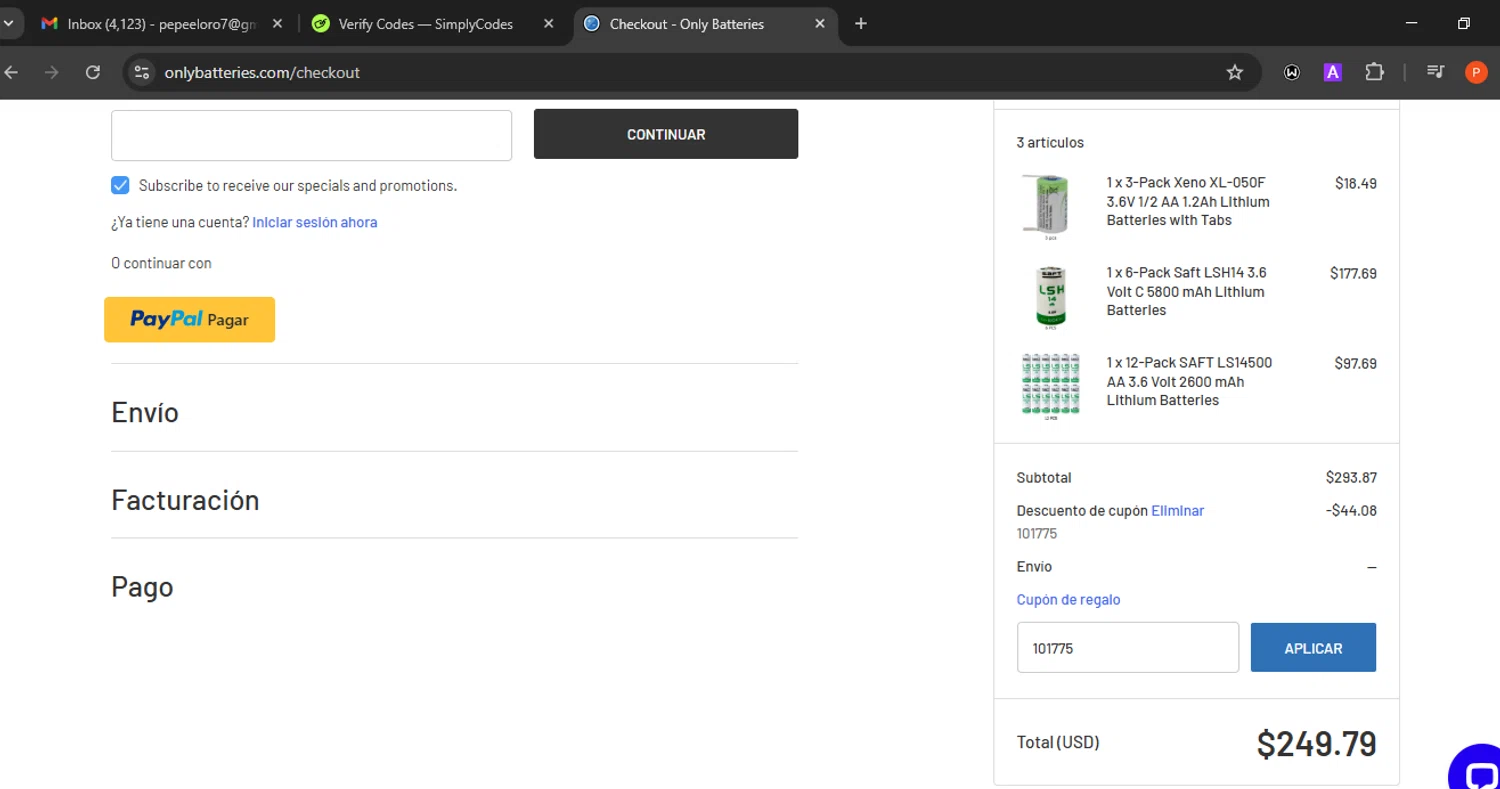 OnlyBatteries.com promo code screenshot showing code 101775 applied at OnlyBatteries.com checkout page. Uploaded by SimplyCodes community member Eminem on Dec 6, 2025