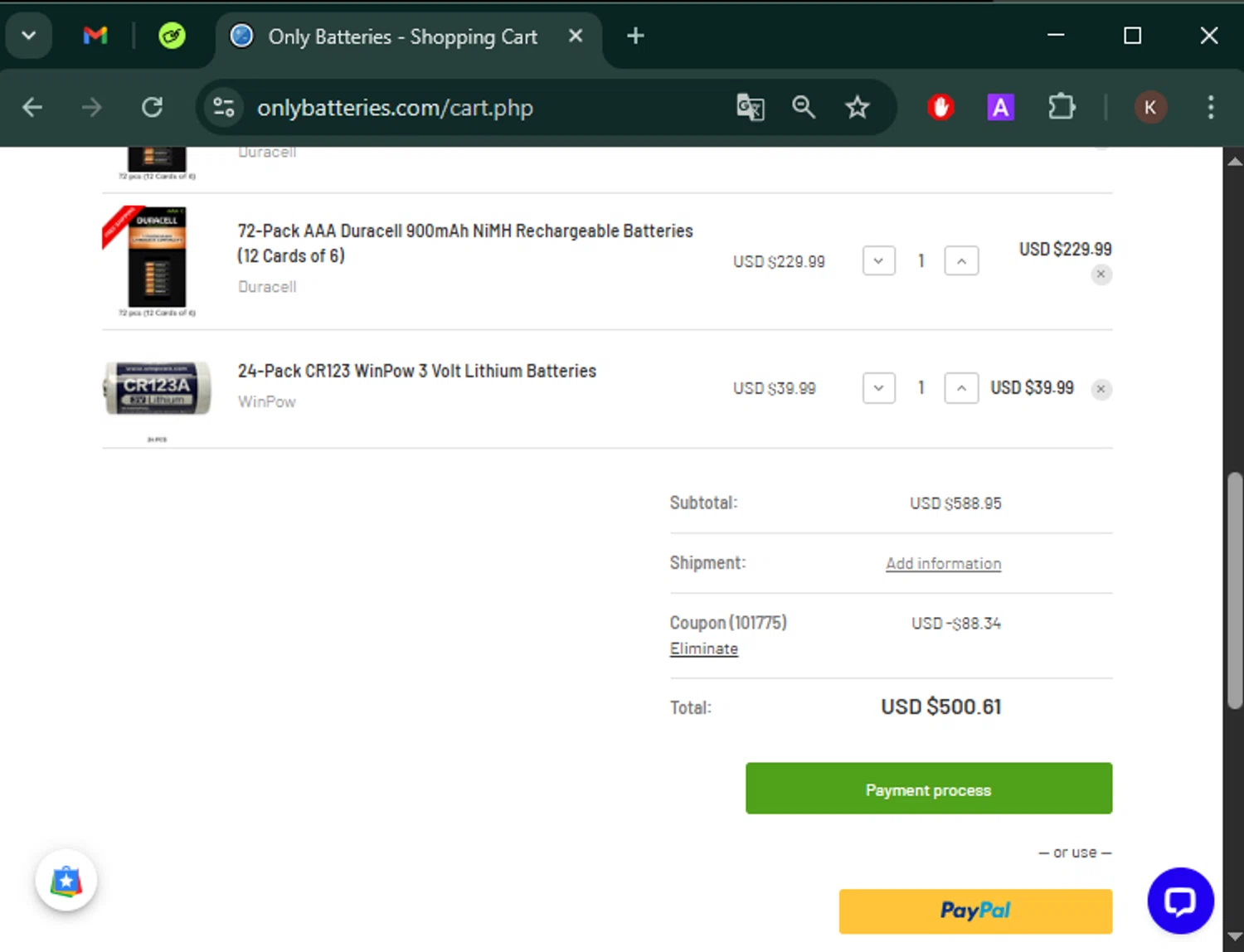 OnlyBatteries.com promo code screenshot showing code 101775 applied at OnlyBatteries.com checkout page. Uploaded by SimplyCodes community member Keilynkeyonshea on Apr 29, 2025