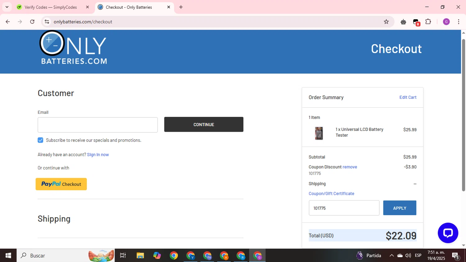OnlyBatteries.com promo code screenshot showing code 101775 applied at OnlyBatteries.com checkout page. Uploaded by SimplyCodes community member ValuePilot6849 on Apr 19, 2025
