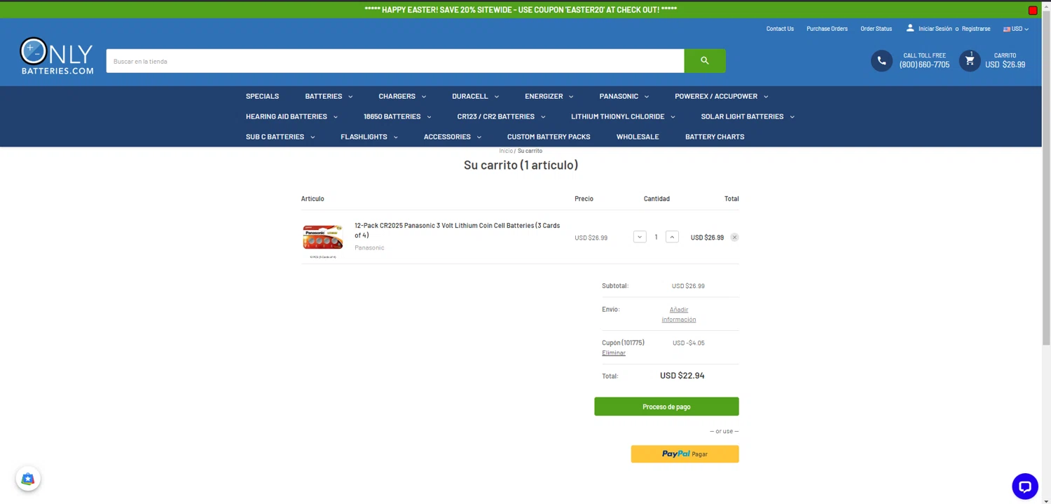 OnlyBatteries.com checkout page showing OnlyBatteries.com promo code box | Screenshot taken by SimplyCodes community member on Apr 19, 2025