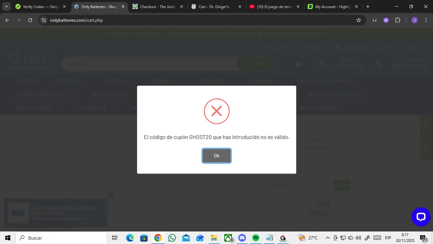 OnlyBatteries.com promo code screenshot showing code GHOST20 applied at OnlyBatteries.com checkout page. Uploaded by SimplyCodes community member ENCARAMESSI on Nov 30, 2025
