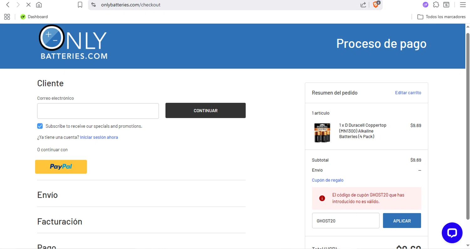OnlyBatteries.com promo code screenshot showing code GHOST20 applied at OnlyBatteries.com checkout page. Uploaded by SimplyCodes community member Fabio05 on Nov 30, 2025