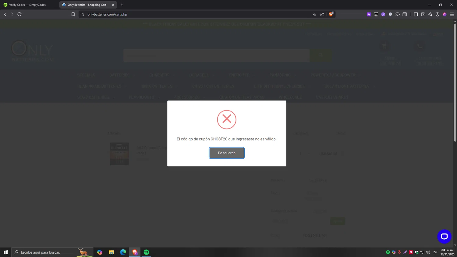 OnlyBatteries.com promo code screenshot showing code GHOST20 applied at OnlyBatteries.com checkout page. Uploaded by SimplyCodes community member Tragedy on Nov 30, 2025