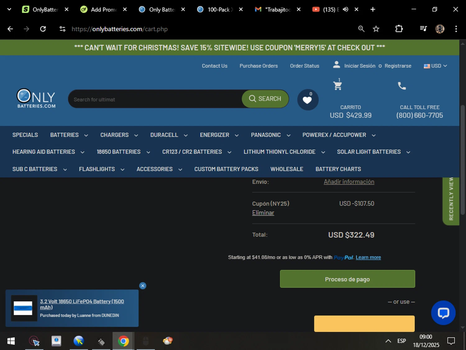 OnlyBatteries.com promo code screenshot showing code NY25 applied at OnlyBatteries.com checkout page. Uploaded by SimplyCodes community member MarcosAranguren on Dec 18, 2025