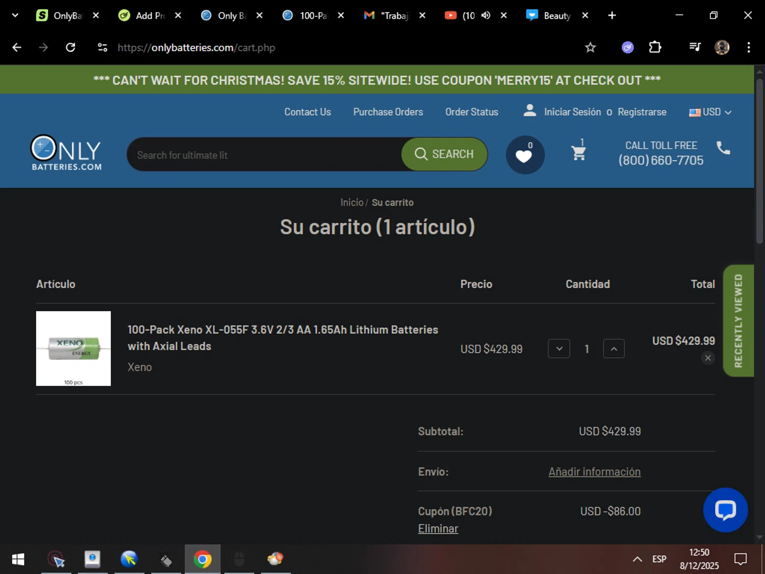 OnlyBatteries.com promo code screenshot showing code BFC20 applied at OnlyBatteries.com checkout page. Uploaded by SimplyCodes community member MarcosAranguren on Dec 8, 2025
