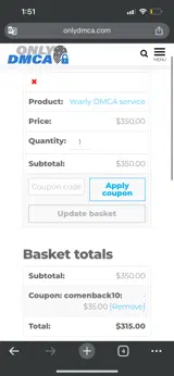 comenback10 coupon verification screenshot