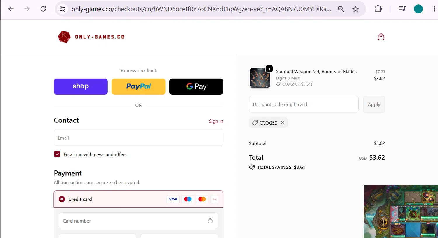 Only-Games promo code screenshot showing code CCOG50 applied at Only-Games checkout page. Uploaded by SimplyCodes community member anosesmith on Jun 8, 2026