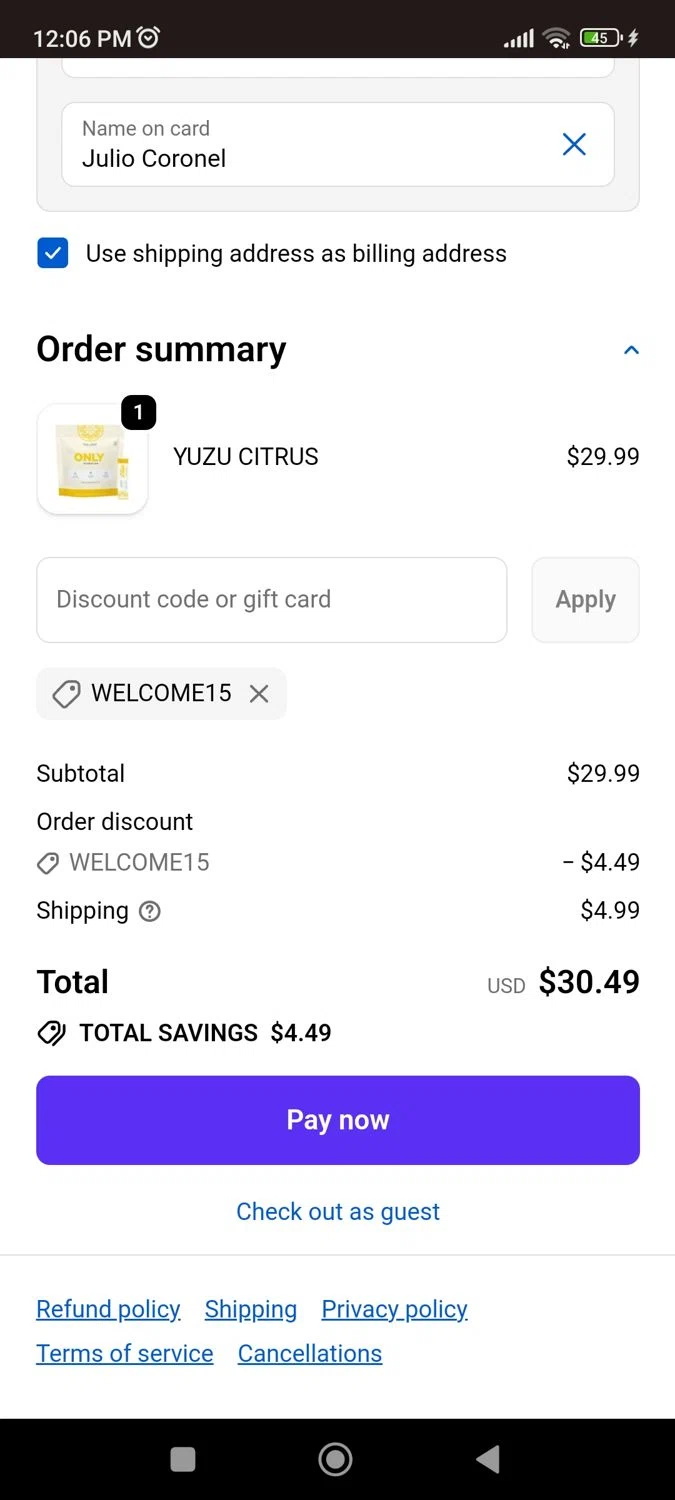 ONLY Hydration promo code screenshot showing code WELCOME15 applied at ONLY Hydration checkout page. Uploaded by SimplyCodes community member CrownLion2750 on Jan 11, 2026