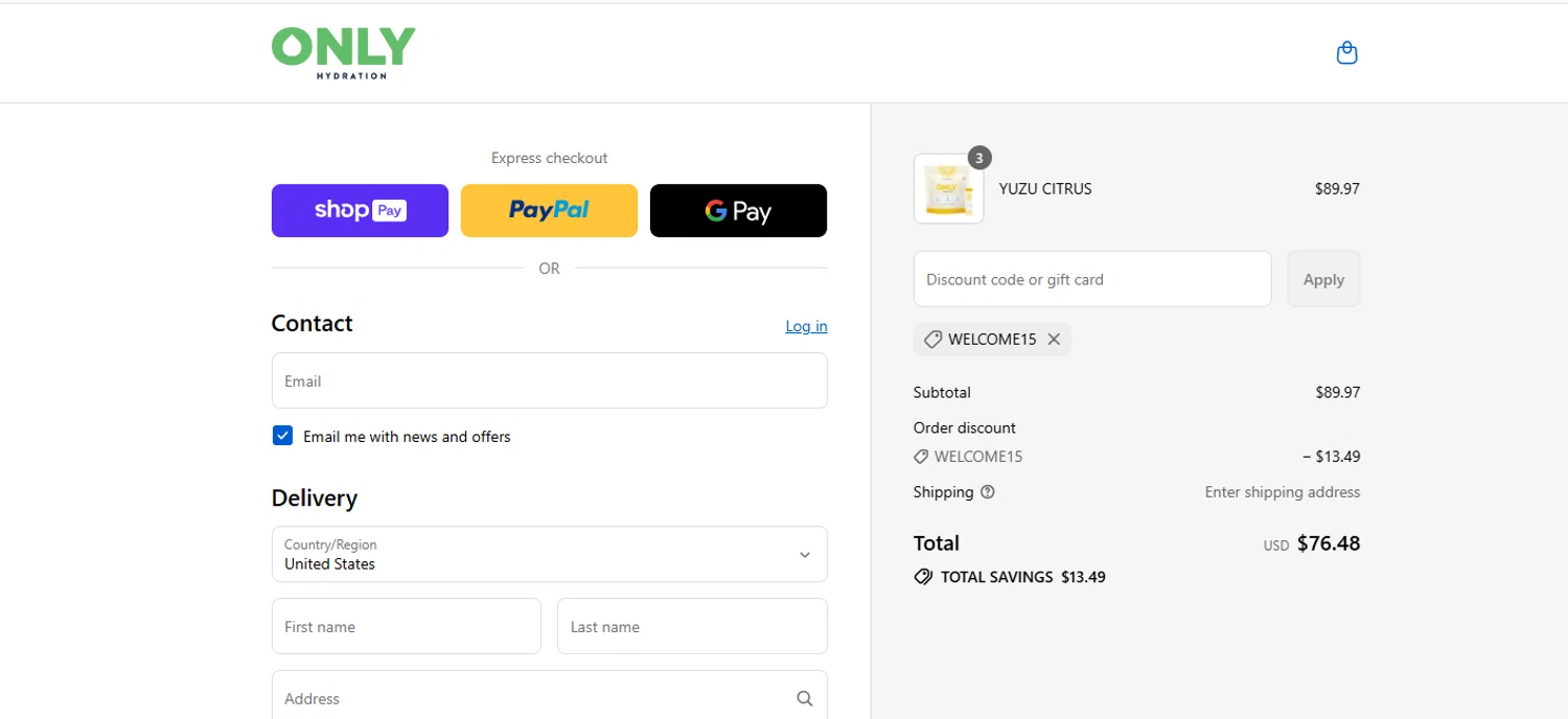 ONLY Hydration promo code screenshot showing code WELCOME15 applied at ONLY Hydration checkout page. Uploaded by SimplyCodes community member ValueHawk3038 on Aug 21, 2025