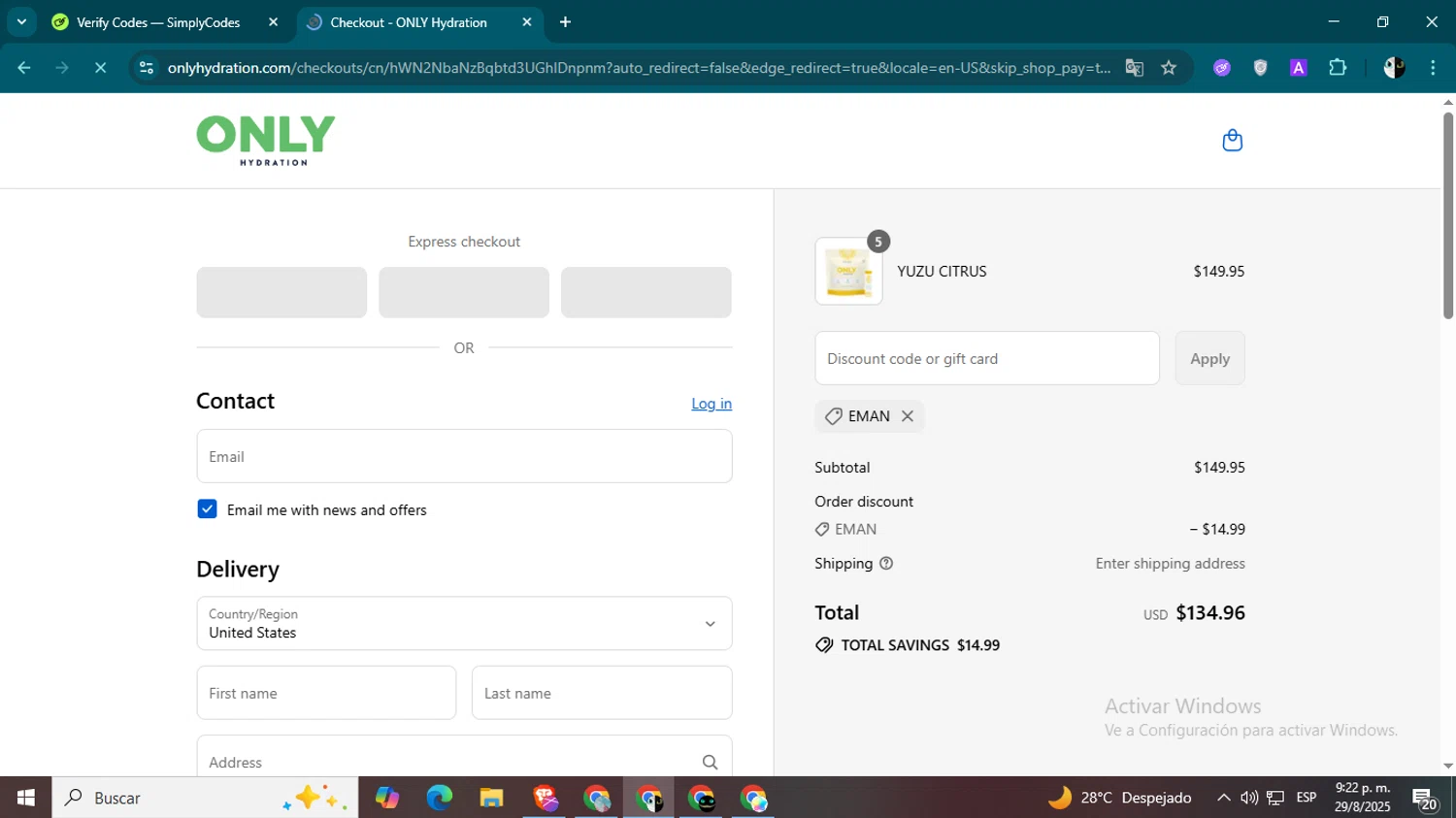 ONLY Hydration promo code screenshot showing code EMAN applied at ONLY Hydration checkout page. Uploaded by SimplyCodes community member CleverSage9163 on Aug 30, 2025