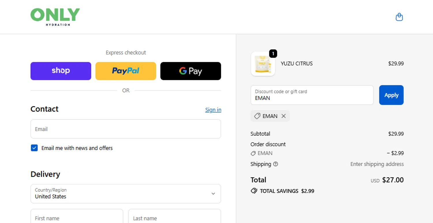 ONLY Hydration promo code screenshot showing code EMAN applied at ONLY Hydration checkout page. Uploaded by SimplyCodes community member CleverWhiz2265 on Dec 9, 2025