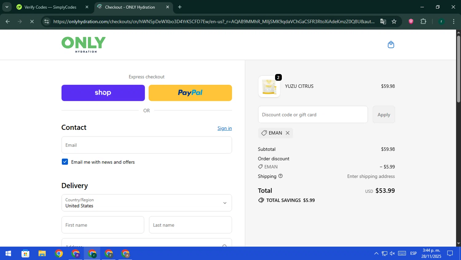 ONLY Hydration promo code screenshot showing code EMAN applied at ONLY Hydration checkout page. Uploaded by SimplyCodes community member rodri1 on Nov 28, 2025