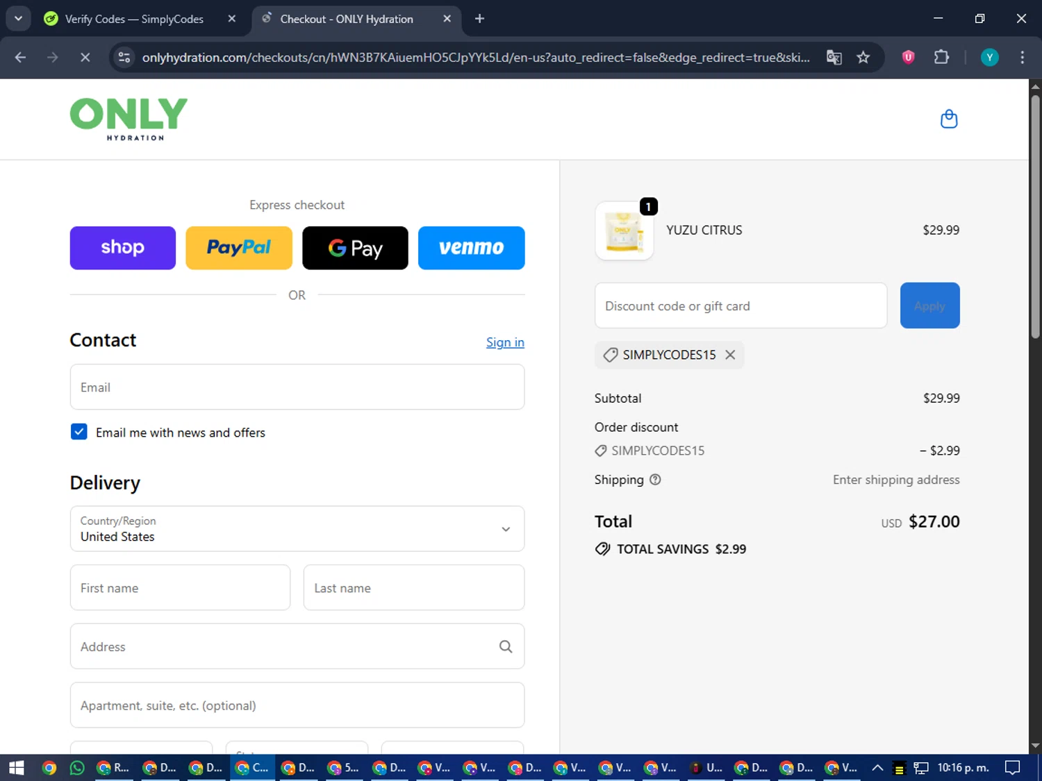 ONLY Hydration promo code screenshot showing code SIMPLYCODES15 applied at ONLY Hydration checkout page. Uploaded by SimplyCodes community member RoyalEagle4794 on Sep 20, 2025