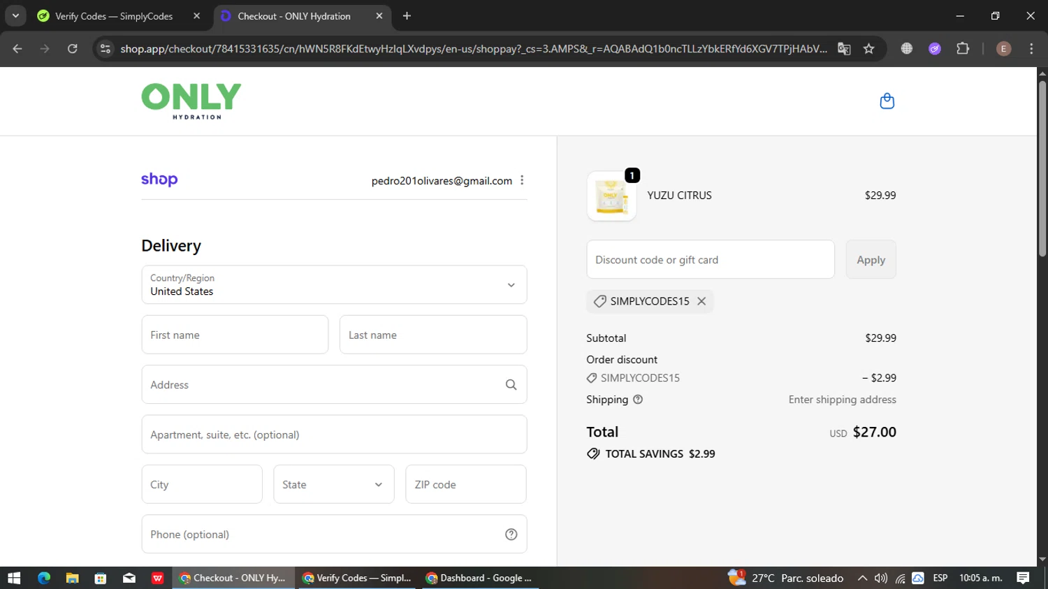 ONLY Hydration promo code screenshot showing code SIMPLYCODES15 applied at ONLY Hydration checkout page. Uploaded by SimplyCodes community member gleykerjose on Nov 18, 2025