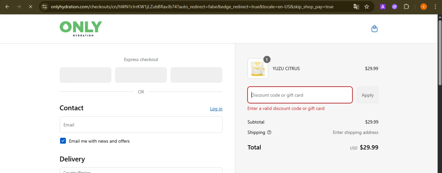 ONLY Hydration promo code screenshot showing code ONLY25 applied at ONLY Hydration checkout page. Uploaded by SimplyCodes community member NobleElite1598 on Aug 16, 2025