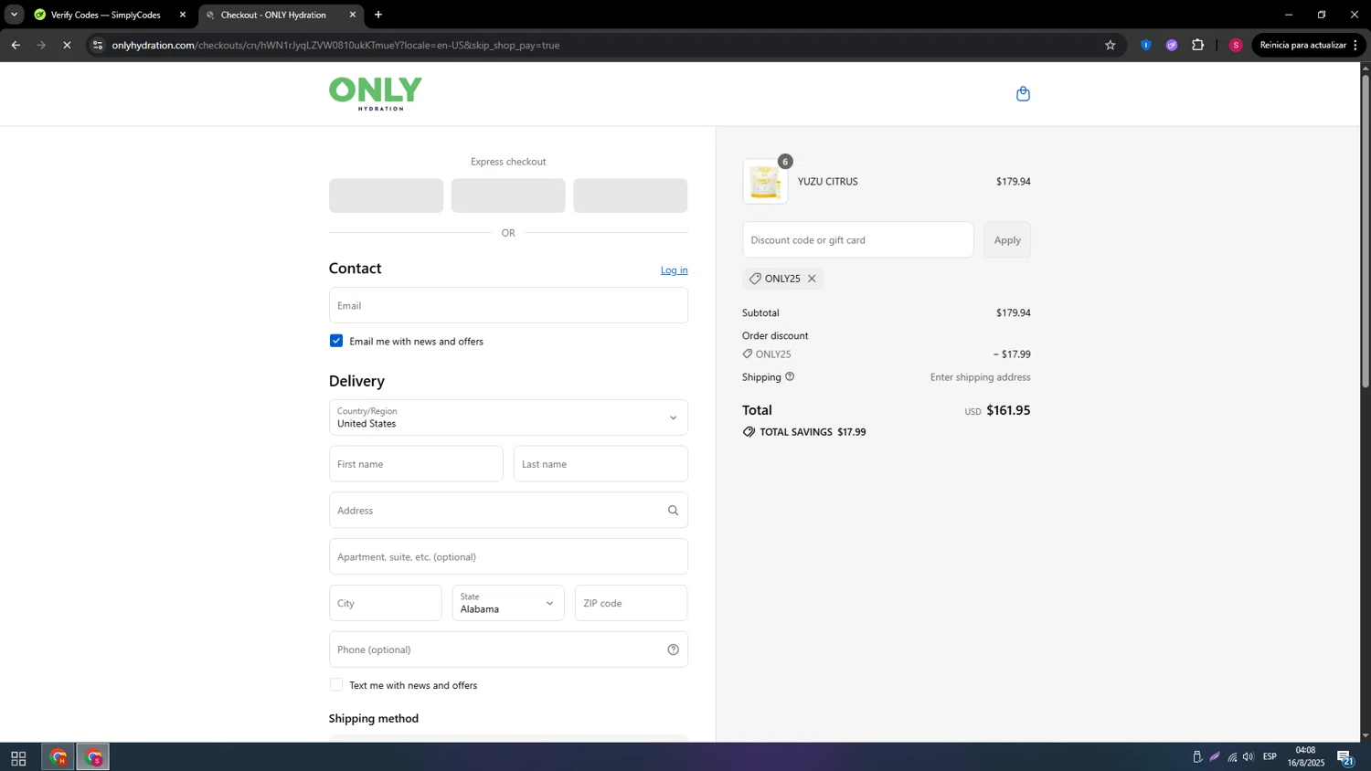 ONLY Hydration promo code screenshot showing code ONLY25 applied at ONLY Hydration checkout page. Uploaded by SimplyCodes community member 789456 on Aug 16, 2025