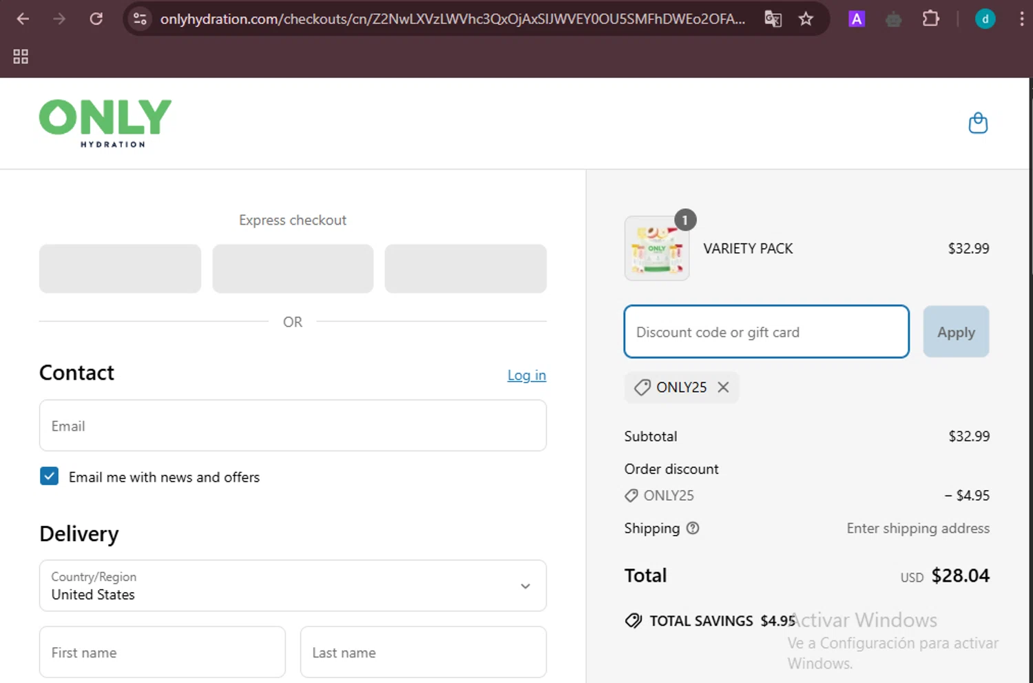 ONLY Hydration promo code screenshot showing code ONLY25 applied at ONLY Hydration checkout page. Uploaded by SimplyCodes community member DiscountHero6788 on Apr 15, 2025